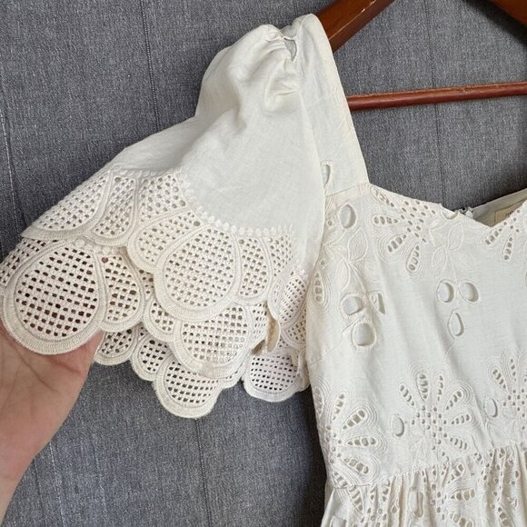 Just Me Beige Cotton Embroidered Short Bell Sleeve Ruffle Tier Mini Dress Size L - Picture 6 of 13